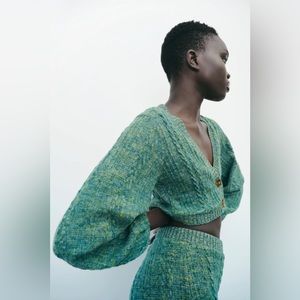 Zara NWOT Green Marl Knit V-Neckline Balloon Sleeve Crop Cardigan - size medium